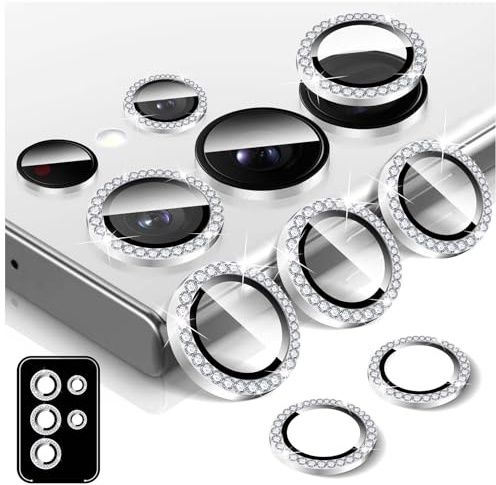 Kucheed Protecteur D'objectif D'appareil Photo Diamant pour Samsung Galaxy S23 Ultra, Protecteur de Couvercle de Caméra en Verre Trempé, Anneau Métallique en Aluminium Individuel Bling