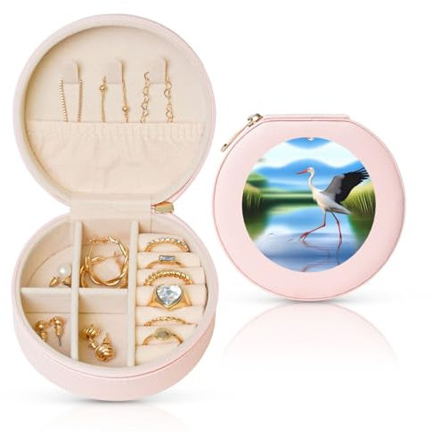 Schmuckkästchen mit Störchen im Wasser, Reise-Schmuck-Organizer, für Damen, für Halsketten, Ohrringe, Ringe, Accessoires, Aufbewahrung (rosa, rund)