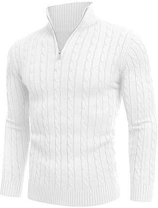 AIYINO Men's Jumpers Quarter Zip Cable Knitted Sweater Long Sleeve Winter Warm Lightweight Pullover Classic Knitwear L White