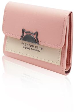 MultiValue Porte-Monnaie pour Femmes, Mini Porte-Monnaie en Cuir avec Fermoir Tête de Chat Mignon Portefeuille pour Femmes avec 7 Fentes pour Cartes et fenêtre d'identification Porte-Monnaie Trifold