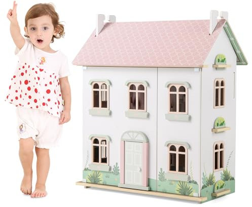 GYMAX Casa delle Bambole in Legno, Casa Giocattolo a 3 Livelli con Mobili e Accessori, con Tetti a 2 Lati, Porta Apribile, Scale in Legno Massiccio, Bambini 3 + anni