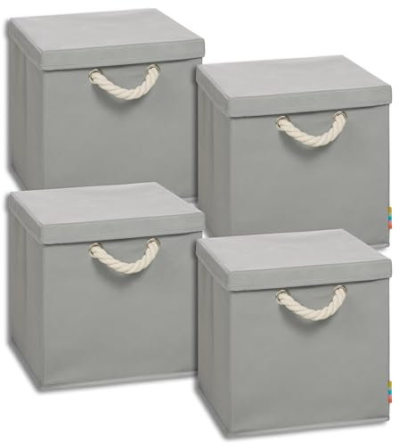 Storanda | 4er Set Aufbewahrungsbox mit Deckel | Kordel Griffband | Stabile & Faltbare Boxen | Regalboxen für Würfelregal Kallax | Ideal für Zuhause & Kinderzimmer | 31x31x30 cm | Grau