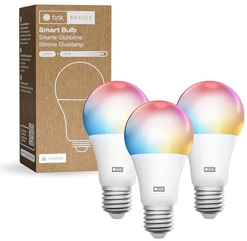 tink Basics Smarte Glühbirne E27, WLAN LED Lampe RGBWW, Weiß & Farbe, dimmbar, 16 Millionen Farben, 806 lm, Sprachsteuerung mit Alexa, Google Assistant, Apple Home (E27, 3, stück)