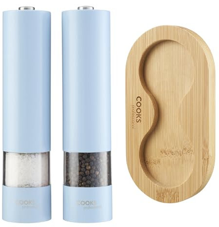 Cooks Professional Electric Salt and Pepper Mill Set with Bamboo Base | Battery Operated Automatic Grinders with Adjustable Grinding & One Touch Operation | Condiment Grinder & Stand | Blue