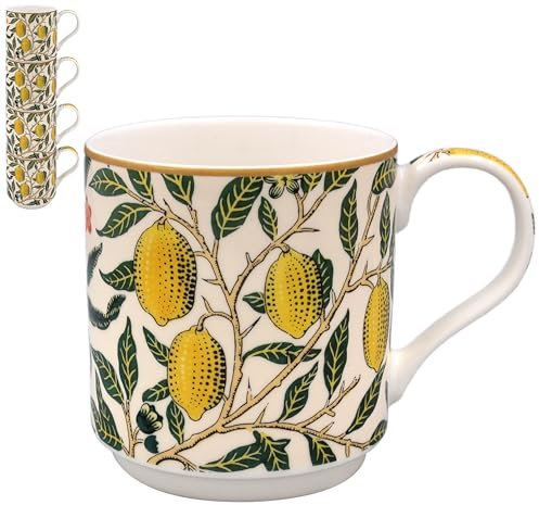 The Leonardo Collection Fruits Stacking Mugs Set of 4 William Morris, Tea and Coffee Mugs for Hot Drinks | Fine China Printed Mugs for Kitchen & Home | Reusable Ceramic Cups for Every Occasion