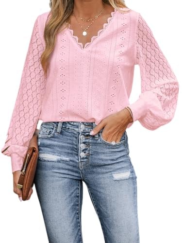 CUPSHE Chemisier Femme Chic et Élégante Blouse Dentelle Festonnée Col en V Manches Longues Casual Tops