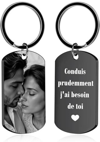 Porte Clef Personnalisable avec Photo et Texte Double Face Porte Clé Personnalisé Idée Cadeau pour Homme Femme Couple ou Famille (Noir – Gravure)