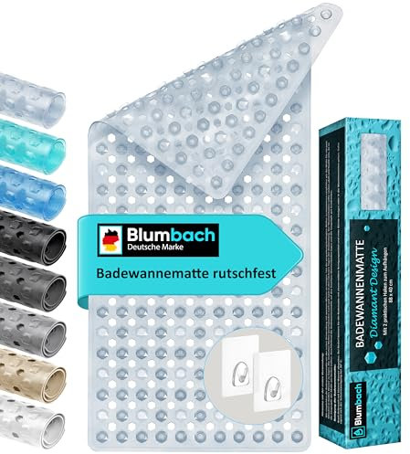 Blumbach® Badewannenmatte rutschfest 88x40cm – inkl. 2 Haken zum Trocknen | 100% BPA-frei, Sicher für Kinder & Senioren | Badematte rutschfest 200+ Saugnäpfe | Schimmelresistent, Maschinenwaschbar