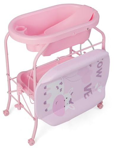 GOPLUS Baignoire Pliable Bébé 4 en 1, Baignoire Bebe sur Pied, avec Panier de Rangement et Roues Verrouillables, Charge 35 KG, Table a Langer avec Baignoire pour 0-12 Mois (Rose)