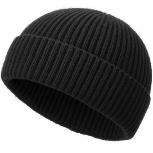 Simapu Wool Fisherman Beanies for Men Women, Short Knit Fall Winter Warm Beanie, Watch Cap, Cuffed Trawler Hats, Skull Caps Black