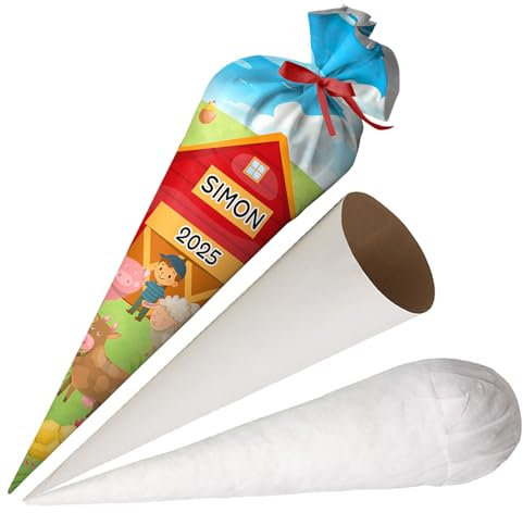 Ferocity Schultüte Bauernhof mit Namen für Jungen, Personalisierte Tüte, 70 cm Zuckertüte aus Stoff mit runde Papprohling und Füllung aus Silikonkügelchen, große Tüte als Kissen [149]