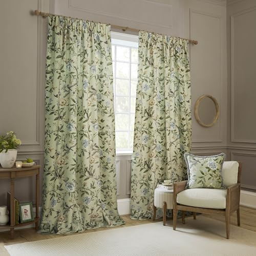 Sanderson Porcelain Garden Room Darkening Pencil Pleat Curtain Pair – Chenille Peony Bird Lined Drapes (Sage - 168x137cm)
