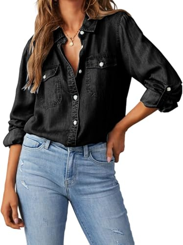 Siyova Women Denim Shirts Long Sleeve Button Down Jeans Blouse Casual Jean Tops Jacket Vintage Loose Shirt with Pockets Spring Autumn Streetwear (Black, S)
