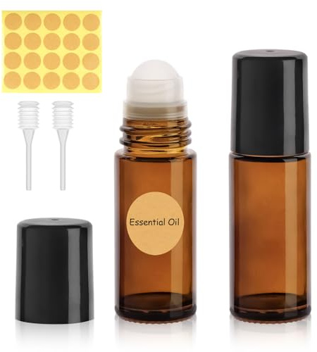 SONEER 30ML Roll on Glasflaschen für Ätherisches Öl, Braun,2 Stück | Nachfüllbare Rollon Flaschen mit Strohhalm, Etiketten für Aromatherapie, Für Parfüm und Massage