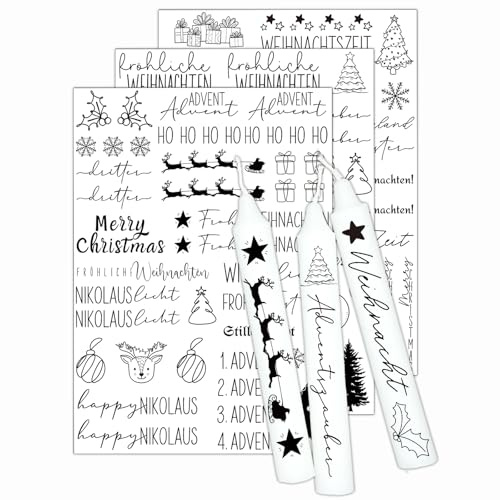 Kerzentattoos Weihnachten mit Sprüchen – Aufkleber für Adventskerzen | Persönliche Geschenkideen mit Weihnachtsgrüßen. Ideal für festliche Tischdekoration und gemütliche Stimmung an Weihnachten.