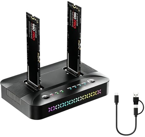 M.2 NVMe SATA SSD Clone Dock, USB 3.2 Gen 2x2 20Gbps Dual Bay M2 NVMe SSD Gehäuse Docking Station Reader Duplicator mit Offline Klonen Festplatten Dockingstation Clone Station für 2230/2242/2260/2280