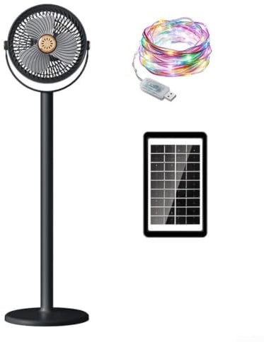 Gastagrav Ventilateur solaire portable sur pied, rechargeable 4000 mAh avec 5 vitesses, type C, lumières LED RVB pour camping, maison ou voyage (noir)