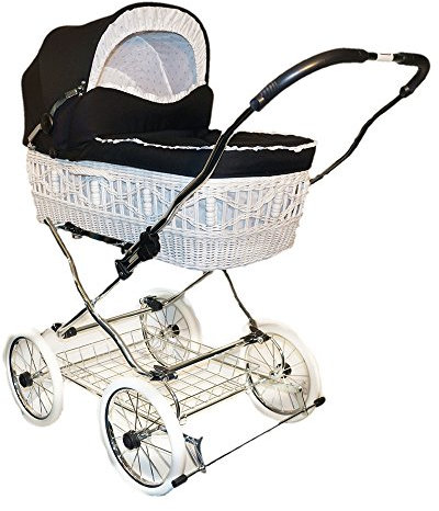 EICHHORN Kinderwagen Weidenkorb - Kinderwagen aus echter Weide, handgeflochten, Korb Weiß, Stoff Schwarz