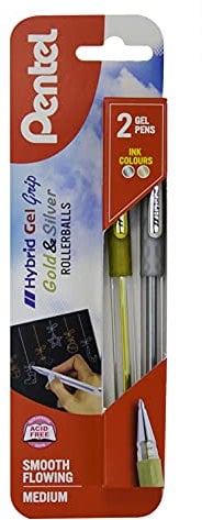 Pentel Hybrid Gel Grip Metallic Rollerball, Gold & Silver, 1 Blister card with 2 pens
