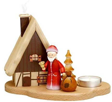 Zeidler Holzkunst Räucherhaus mit Weihnachtsmann auf Sockel, Natur - 16x21,5x12cm - Original Erzgebirge Räuchermann