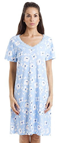 Camille Womens Nightdresses Smooth Soft 100% Cotton - Short Sleeved Breathable & Lightweight Summer Nighties - Blue With Large White Flower - 14-16
