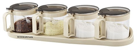 TENTA KITCHEN Glass Seasoning Box Set - 4 Serving Spoons - Non Slip Base - Luxurious Condiment Cruet Bottle Spice Jar Set - 10oz Each
