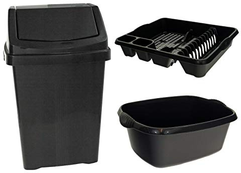 Wham Black Plastic 50Lt Waste Bin Dish Drainer & Rectangular Washing Up Bowl Set