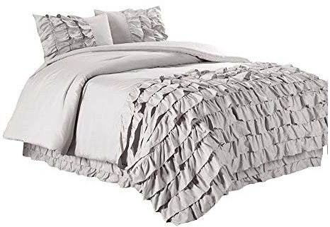 Sticker superb Weiß Grau Wasserfall Hälfte Rüsche Bettbezug mit Kissenbezug, Romantisch Rosa Hochzeit Jahrestag Mann Frau Wasserfall Bettwäsche Set (Grau, 135x200cm)