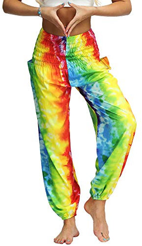 Nuofengkudu Damen Hippie Haremshosen mit Taschen Leichte Boho Muster Bunt High Waist Yogahosen Sommer Lockere Hosen Freizeithose (Regenbogen C,One Size)