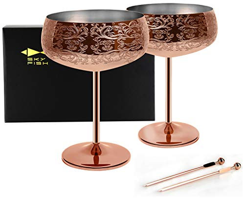 SKY FISH Martini Gläser, Edelstahl Champagner Schalen 2er Set, 400 ml Sektschale mit 2 Cocktail-Plektren, Handwäsche, (Roségold)