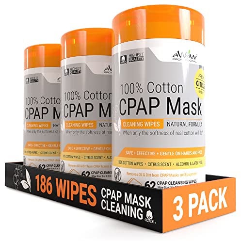 AWOW Professional Refreshing Citrus Scented Cotton CPAP Mask Cleaning Wipes, Natural Formula, 186 Wipes (3 Canisters)