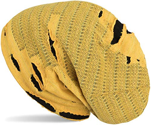 styleBREAKER Beanie Mütze im Destroyed Vintage Used Look, Slouch Longbeanie, Unisex 04024036, Farbe:Gelb-Schwarz