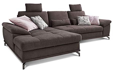 Cavadore L-Form-Sofa Castiel mit Federkern / Große Eckcouch mit Sitztiefenverstellung, Kopfstützen und XL-Longchair / 312 x 114 x 173 / Webstoff, Dunkelbraun