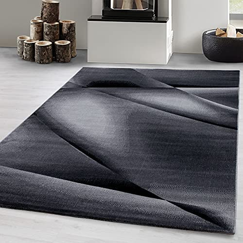 Carpetsale24 Kurzflor Teppich 80x300 cm, Modern Abstrakt Design in Schwarz Grau, Pflegeleicht, ideal für Lange Flure, Eingangsbereiche oder Bettseiten