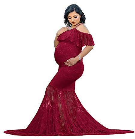 Robe Shooting Grossesse Sexy Elégante Vetements Maternité Robe Longue en Épaule Dénudée Dentelle à Sirène Femme Enceinte Costume Habillée de Photographie Plage Mariage Soireé Cérémonie Vin Rouge XL