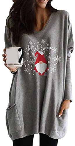 Yming Damen Rundhals Pullover Feiertags Sweatshirts Weihnachten Bedruckte Pullover Weihnachtsmann Grau XXL