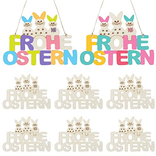 yumcute Frohe Ostern Ostern Anhänger Holz, 8 Stück Osteranhänger aus Holz, Ostern Deko mit 8 Schnur, DIY Anhänger Ostern, Holzanhänger Osterschmuck Osterdeko Zum Aufhängen Holzhase