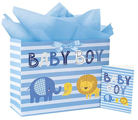 Loveinside Baby Boy Geschenktüte mit Seidenpapier und Grußkarte für Babyparty, frischgebackene Eltern und mehr, 41,9 x 32 x 14,5 cm, 1 Stück