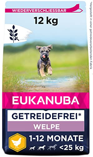 Eukanuba Welpenfutter getreidefrei mit Huhn für kleine und mittelgroße Rassen - Trockenfutter ohne Getreide für Junior Hunde, 12 kg