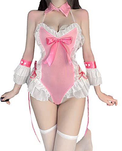 SNOMYRS Sexy Bunny Kostüm Cosplay Dienstmädchen Japanisches Anime Kawaii Rosa Frecher Babydoll Body
