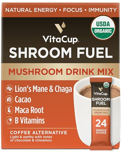 VitaCup Shroom Fuel, Mushroom Based Instant Coffee Alternative Packets, Mushroom Coffee Substitute w/Cacao, Cinnamon, Chaga, Lions Mane, & Maca for Energy, Immune Support, & Focus, 24ct