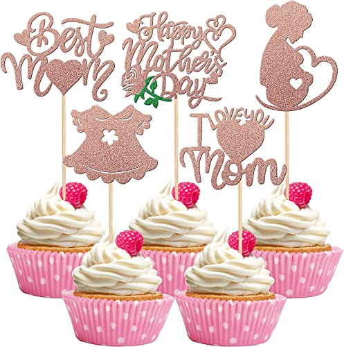 30 Stück Happy Mother's Day Deko Kuchen, Glitter Schwangere Frauen Love Mother Cupcake Picks Best Mom Tortendeko für Baby Mädchen glücklich Muttertag Thema Geburtstag Partyzubehör Rosegold