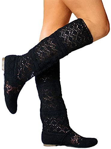 ORANDESIGNE Donna Ricamo Stivali Estive Affascinante Traspirante Stivali Elegante Sandali Tinta Unita Stivali Piatti Testa Rotonda Stivali A Nero 39 EU