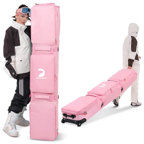 DASHINGNOAH Wasserdichte Skitasche mit Rollen, doppelt rollende Snowboardtasche für Flugreisen, ausziehbar von 155 cm - 167 cm, mit 3 gepolsterten Außenfächern, für Helm, Stiefel, Brillen, Jacken