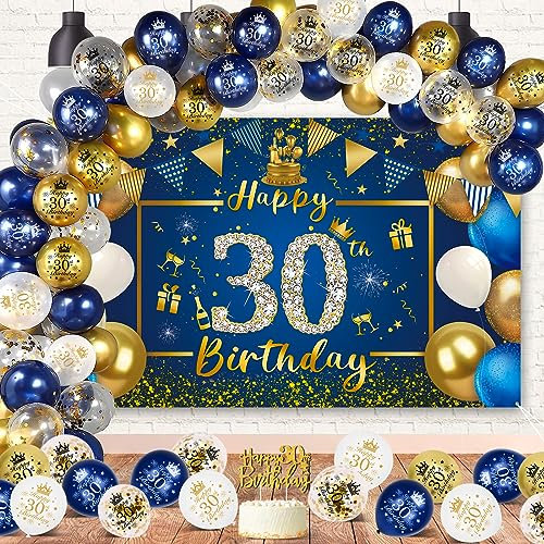 30 Geburtstag Männer, VICTERR Blau Gold Deko 30 Geburtstag Männer und Frau Geburtstagsdeko Banner Set, Lange Happy 30th Birthday Banner Hintergrund 190×120cm, Cake Topper Konfetti Luftballons
