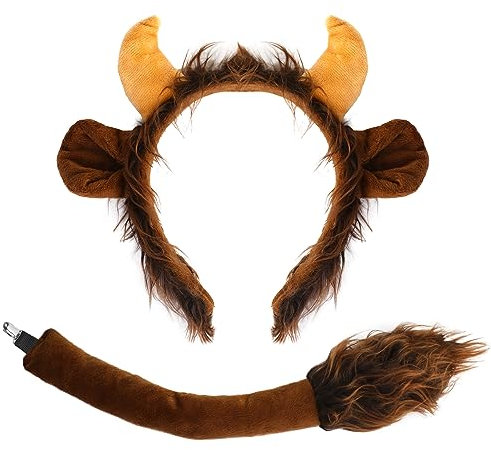 XEPST Tier Stier Hörner Kostüm Set, Stier Kuh Ohren und Schwanz Set mit Ochsenhörner Stirnband und Stierschwanz für Tierkostüm Cosplay Geburtstagsparty Zubehör Halloween Kostüm Kostüm Partyzubehör