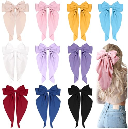 10 PCS Large Hair Ribbon Barrettes with Long Tails for Women & Girls, TOKUFAGU Vintage French Hair Accessories - Bow Clips in 10 Colors (Set A)