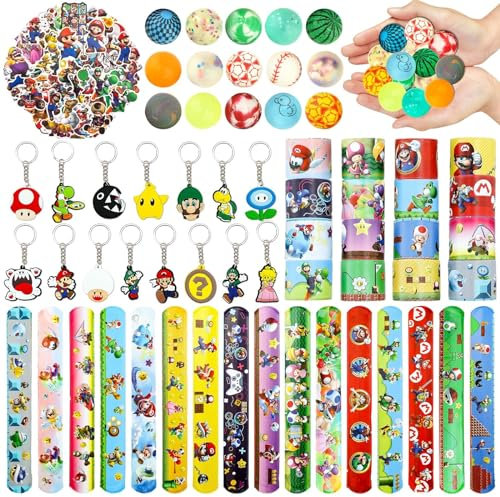 96 Pcs Mitgebsel Kindergeburtstag, Party Mitgebsel Spielzeug Geburtstagsdeko 15 Schlüsselschnalle 16 Schnapparmband Kinder 50 Aufkleber 15 Zufällig Flummis Geburtstag Deko Zubehör Gadget Kinder