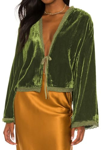 R.Vivimos Autumn Winter Velvet Jackets for Women Warm Long Sleeve Casual Cropped Jacket Collarless Lace Short Cardigan(Small,ArmyGreen)