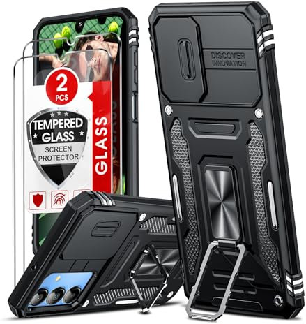 LeYi Cover per Samsung A15 5G/4G con Vetro Temperato [2 Pack], Custodia con Protezione Fotocamera [Slidable] Antiurto Grado Militare 360° Anello Supporto TPU Bumper Custodie Samsung Galaxy A 15, Nero